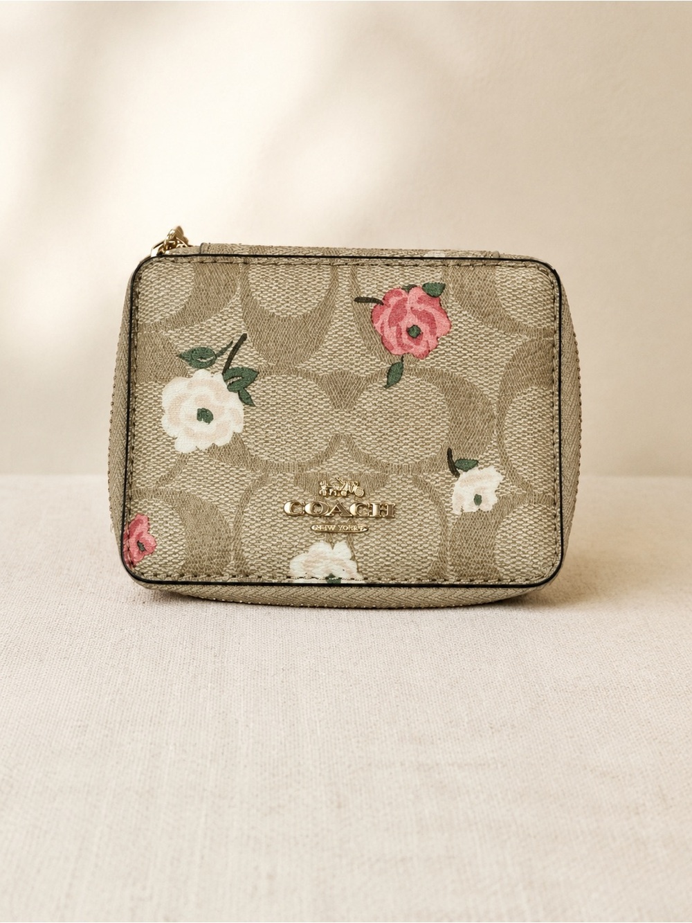 Coach Beige Signature Canvas Floral Zip Pouch with Pink & White Flowers